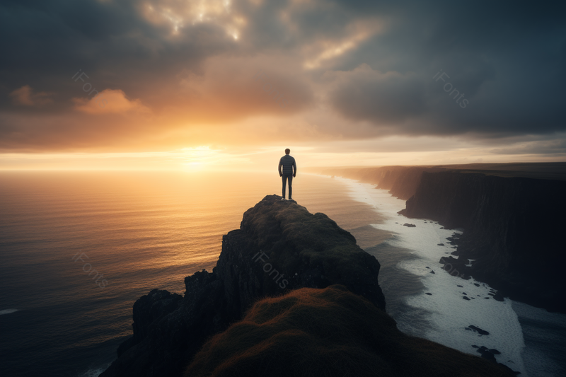 男人站在高高的悬崖上俯瞰大海夕阳逆光剪影,高清,摄影图,摄影图片,图片大全,摄影图免费下载
